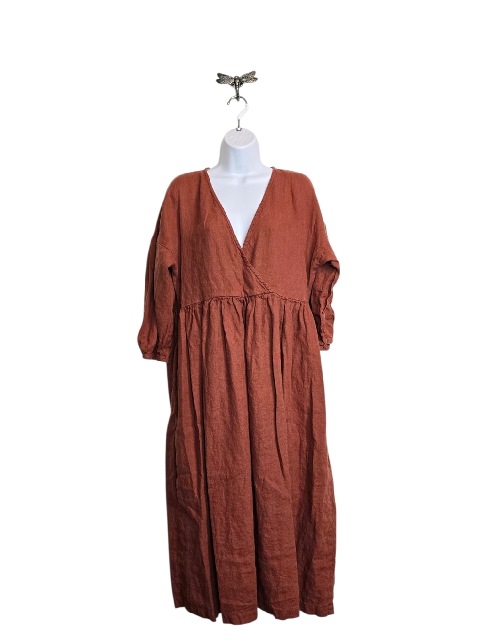 OFFON 100% Linen V-Neck Puffy Sleeve Dress M Sustainable Slow Fashion